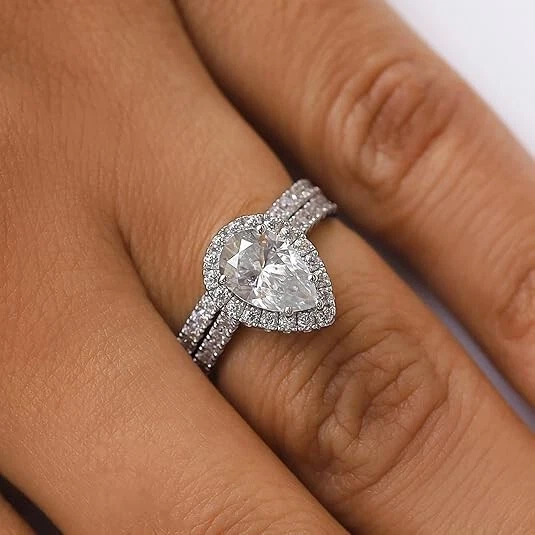 Halo Engagement Ring Set 2 Ct Pear & Round Cut Lab Grown Diamond 14K Gold Plated - Image 3 of 4