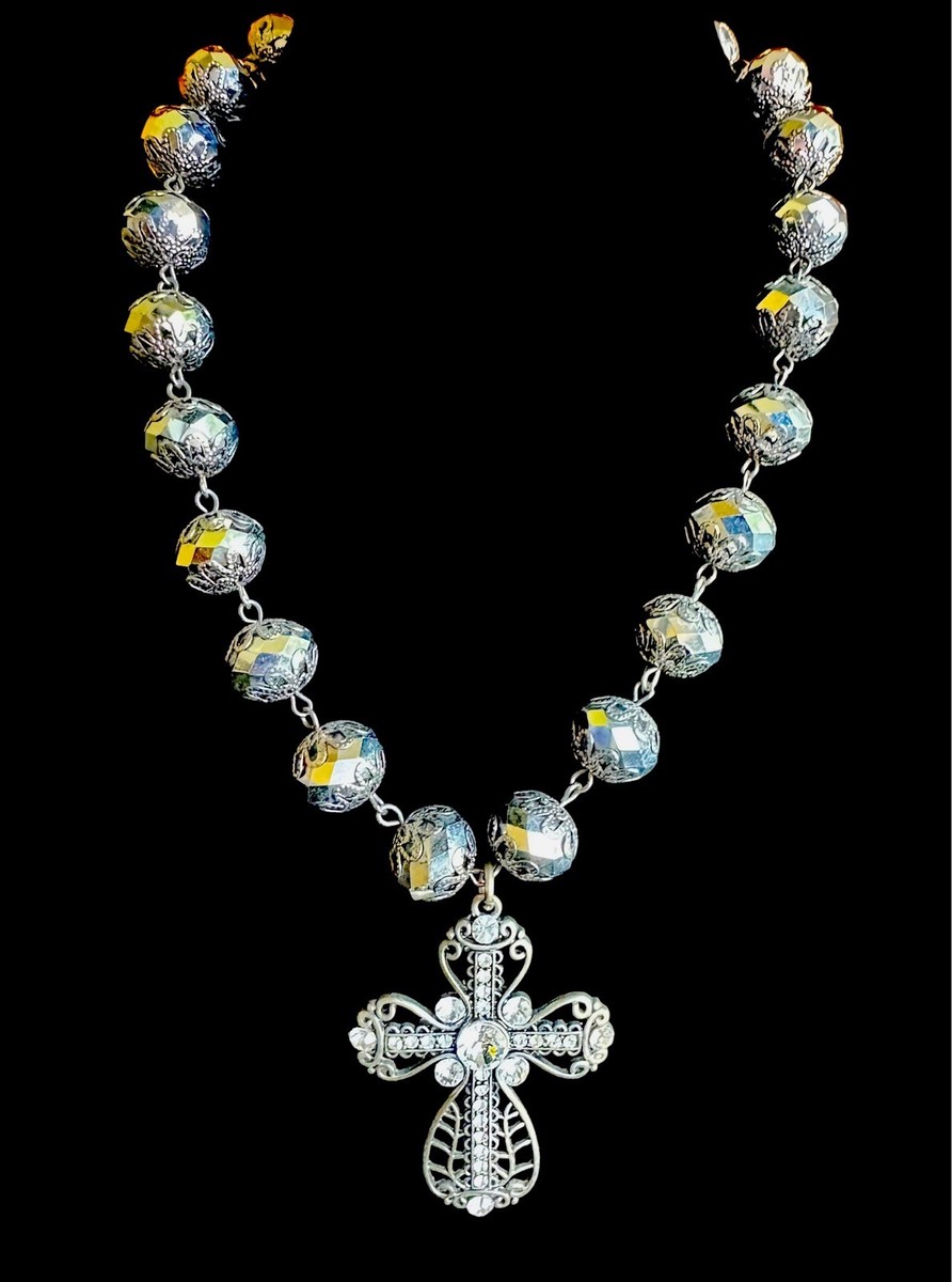 GUN METAL FINISH FILAGREE FACETED BEAD NECKLACE CRYSTAL RHINSTONE GOTHIC PENDANT