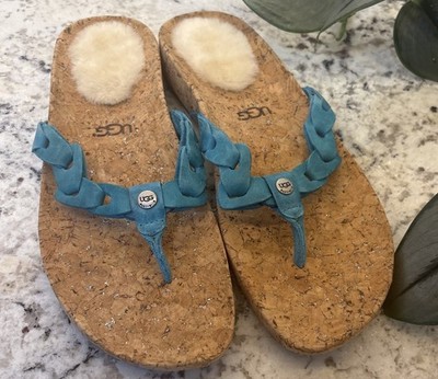 Authentic UGG Australia Cork Bottom Flip Flops Woman's 7 Teal Blue Thong Summer