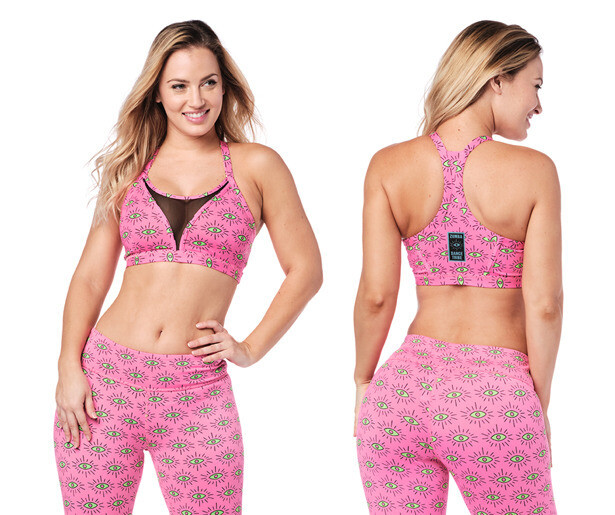 Zumba Luck Bra Top size XS - Ballet Pink, Eyeballs, Mesh Insert