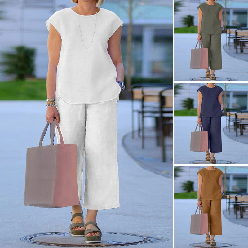 US STOCK 2PCS Women Linen Cotton Plain Outfit Suit Set Sleeveless