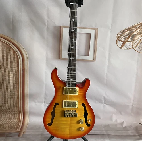 Custom Hollow Body Electric Guitar Cherry Sunburst Flamed Maple Top Bird Inlay