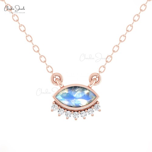Floating Diamond Necklace in 14k Solid Gold 0.35 CTW Marquise Moonstone Necklace - Picture 2 of 26