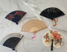 Vintage Lot of 5 Handheld Oriental Style Folding Fans Wood Paper Plastic Fabric