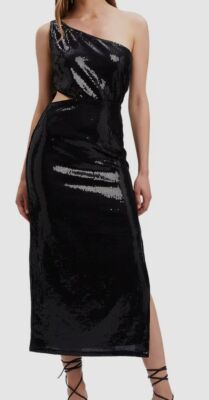 bardot one shoulder sequin dress One Shoulder Bardot Crystal Maxi Dress Black White