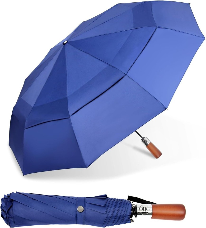 Compact 55Inch Folding Golf Umbrella Rain & Sun Protection with Wood