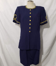 Vtg Leslie Fay Midi Navy Gold Accent Suit Looking Nautical Dress 12 USA Made