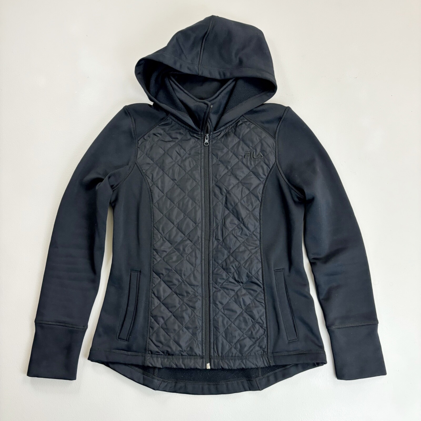 FILA Sport Felpa con Cappuccio Giacca Piccola Trapuntata Anteriore Full Zip Running Nero