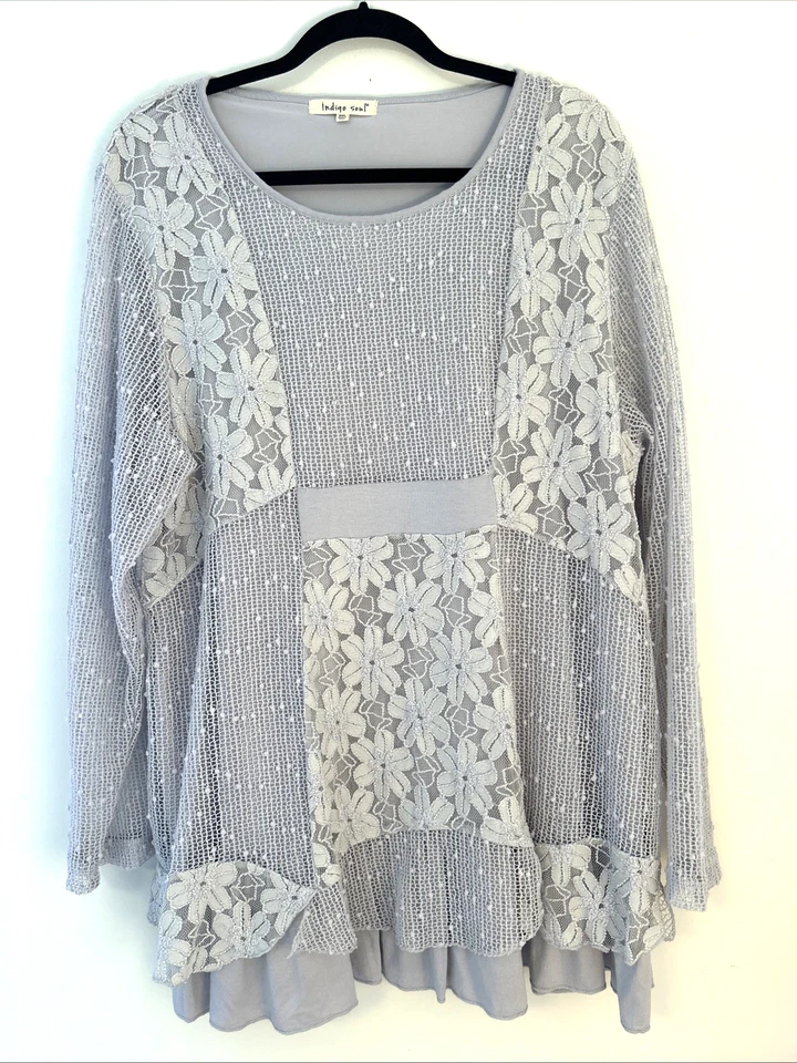 Nuevo con etiquetas Top túnica gris Indigo Soul 2XL retazos encaje boho lagenlook lentejuelas artísticas