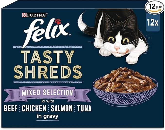 Felix Tasty Shreds gemischte Auswahl in Sauce Nassfutter für Katzen (12er Pack × 80g ) × 4