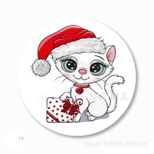 White Cat in Santa Hat Christmas Scrapbook Stickers Labels Envelope Seals