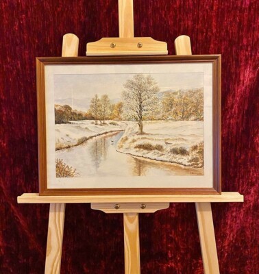 Original Aquarell Gemälde Winter River Solace Kunst von R. Juffs