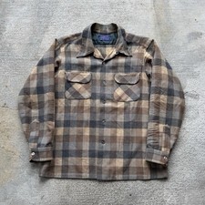 Vintage 60s Pendleton Board Shirt Sz L Brown Plaid Wool Loop Collar Made in USA