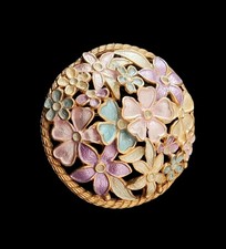 Vintage signierte Kramer Brosche perlmutt Emaille Pastell Blumen, rund Kuppel Design