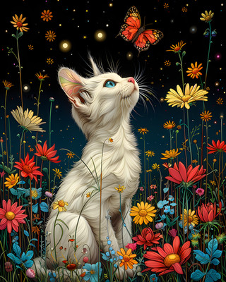 8x10 Cozy Storybook Cat Sitting in Field of Flowers Art Print - 716480364