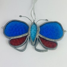 Vintage handcrafted Stained Glass Butterfly Suncatcher blue cranberry red