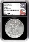 2024 SILVER EAGLE FIRST DAY OF ISSUE NGC MS70 JOHN MERCANTI FLAG LABLE SPOTS