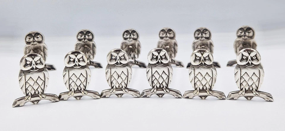 6x FINE CONTINENTAL SILVER PLATED OWL CUTLERY RESTS c1910 Possibly WMF - Image 3 of 4