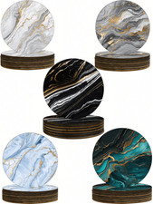Round Cork Coasters 6-pc Set Marble Design Mug Table Mats Cup Holder Assorted..