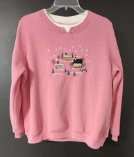 Rebecca Malone Women's Sz L Pink Christmas Sweatshirt Embroidered Snow Village