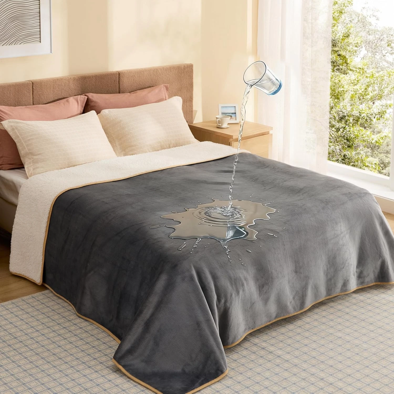 Waterproof Pet Dog Blanket for Bed, Reversible Sherpa Fleece Queen Size, 90"x86"