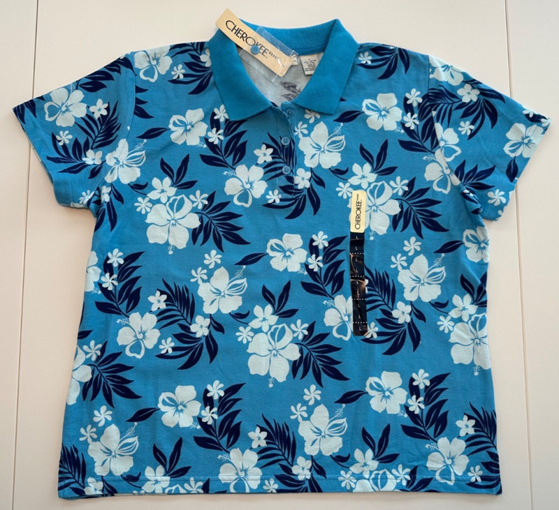 Women's Cherokee Floral Cotton Knit Short Sleeve Polo Shirt Size L New With Tags