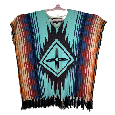 Crazy Train Southwestern Sweater Poncho Womens Regular Colorful Knit Fringe