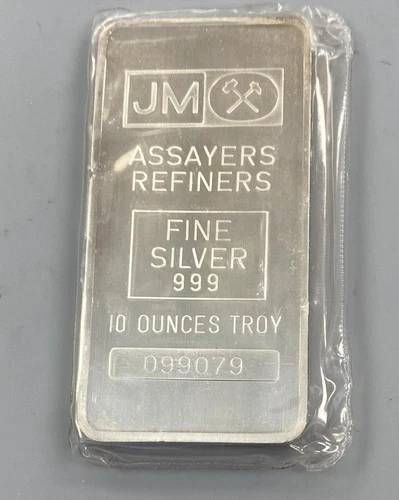 JM 10 Troy Ounces .999 Fine Silver Bar 099079 sealed in plastic READ L24346