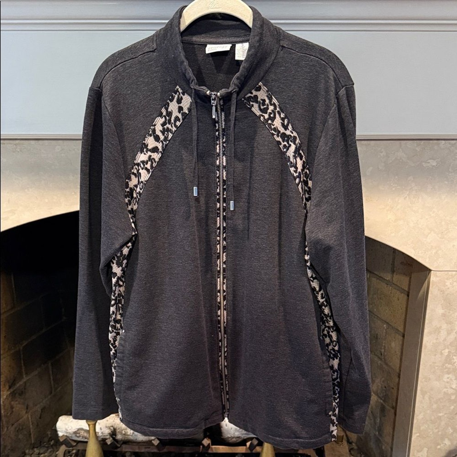 Chico's Black and Gray Jacket with Leopard Accents Size XL