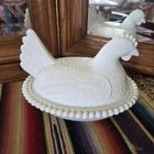 Vintage Indiana Glass White Milk Glass Hen On Nest Dish