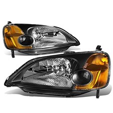 Pair Headlight Assembly Compatible With 01-03 Honda Civic Black amber