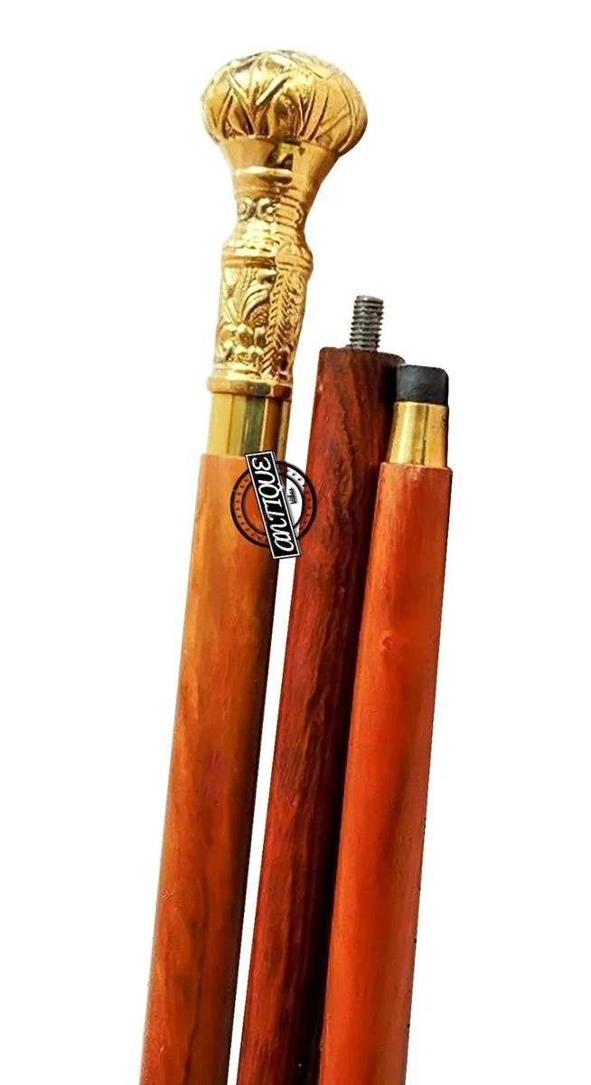 Antique Victorian Wooden Walking Cane Sticks Brass Handle Solid Cane Gift Ideas View 2
