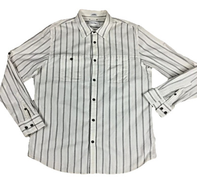 Calvin Klein Men Large White Gray Striped Long Sleeve Roll Tab Button Down Shirt