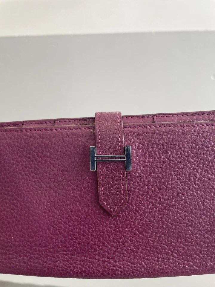 Auténtica billetera HERMES Bearn Box de cuero de becerro larga púrpura plegable Foto 2 de 4