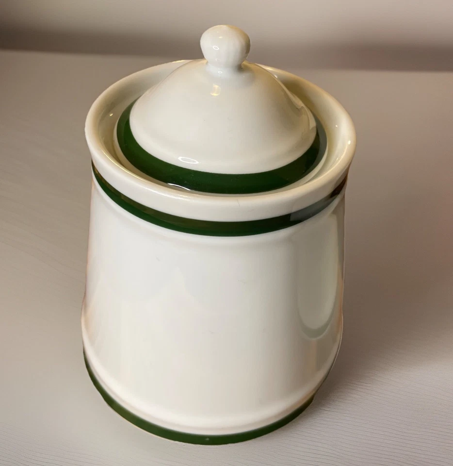 Williams Sonoma Brasserie Sugar & Creamer Set W/Lids White Green Band Japan - Image 3 of 4