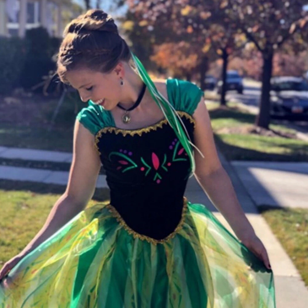 Frozen Anna Princess Womens Coronation Green Dress Cosplay Costume Halloween