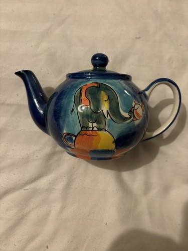 Whittard Of Chelsea Large Teapot -Hand Painted Circus Animals Elephant Lion Blue - Picture 2 of 7