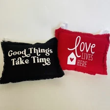 2 Small Hanging Pillow Rectangular Plush Red & Black 7x5” LOVE & GOOD THINGS