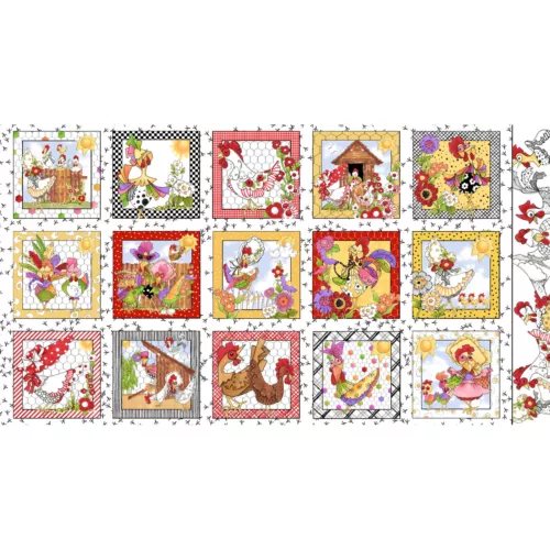 Loralie Designs Chicken Chique Fabric 24" X44" Panel  Farm Rooster Hen Cotton