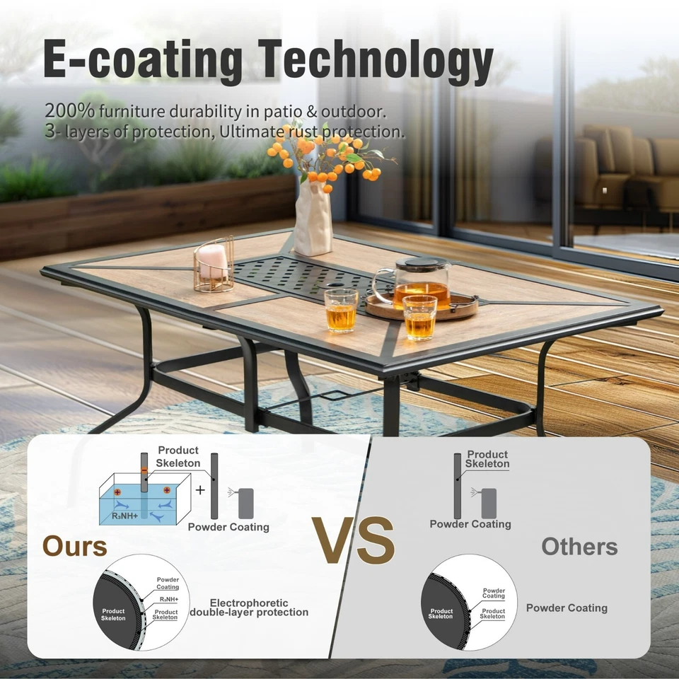 Mesa de comedor de patio de 61"" para 6 personas mesa de exterior con orificio para sombrilla rectangular Foto 3 de 4