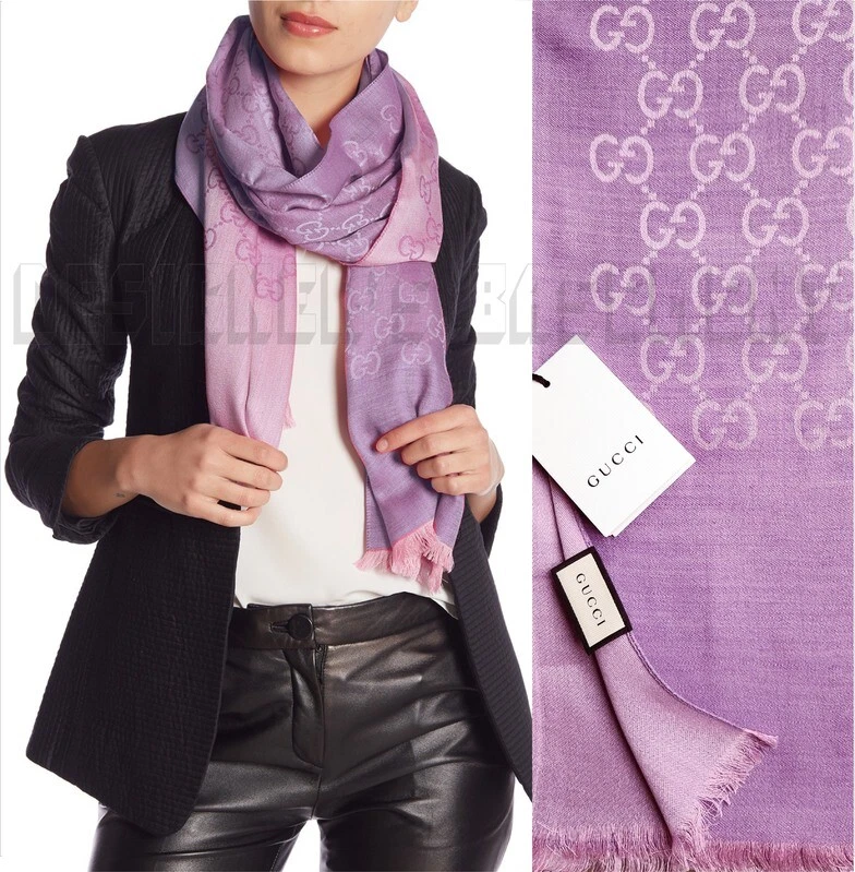 FOULARD GUCCI laine soie 2 tons améthyste lilas et rose GG PASHMINA 18x70