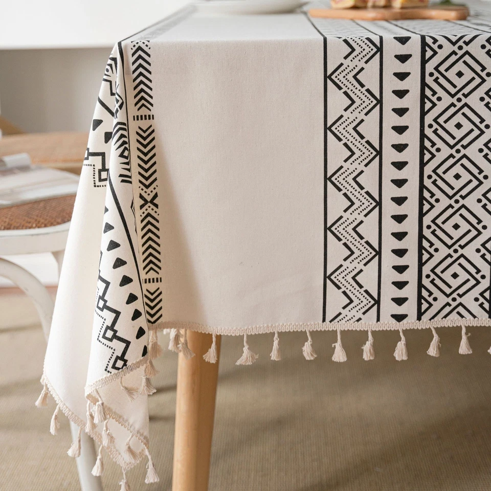 Boho Cotton Linen Tablecloth with Tassels – Geometric Tribal Dining Table Cover - Image 4 of 4