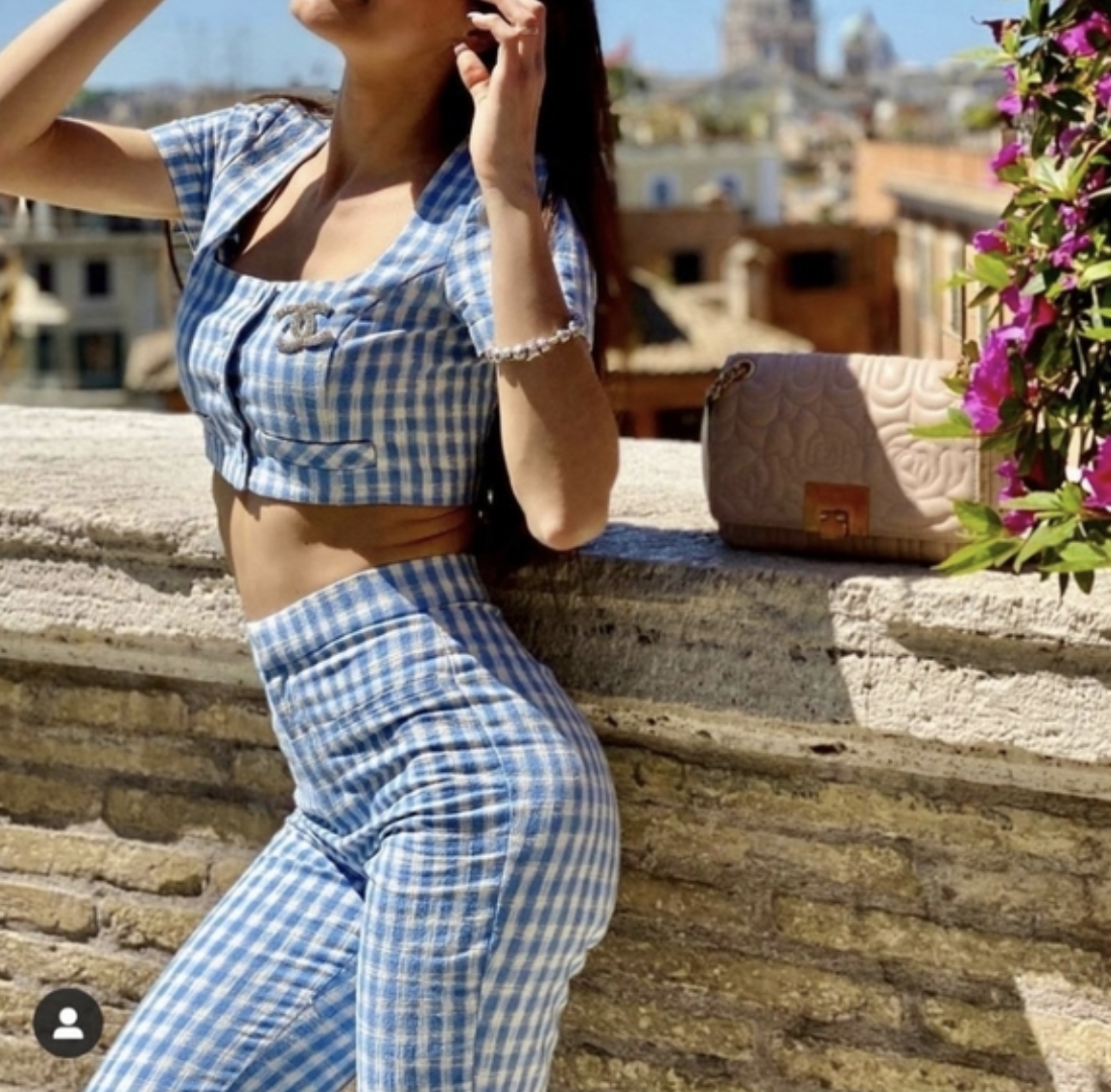 ZARA Blue Gingham Check Short Sleeve Crop Top Size L