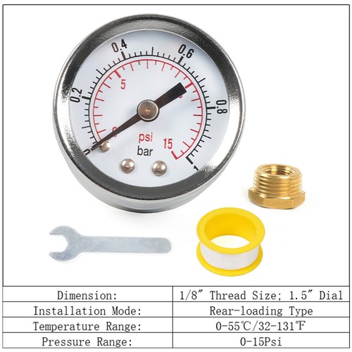 1/8" NPT Pressure Gauge 0-15 PSI with 3/8" Back Mount 1.5" Face Diameter - Picture 15 of 20