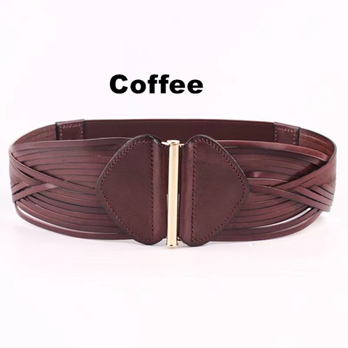 Women Real Leather Braided Waist Belt Gold Buckle Elastic Stretch Wide Waistband - Picture 37 of 54