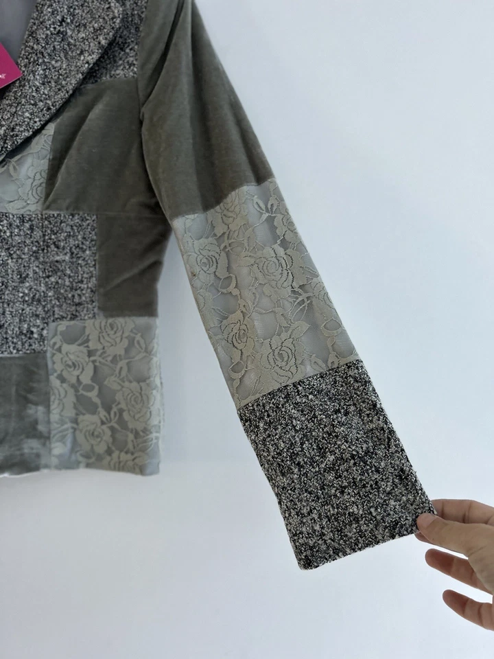 Together Women's Blazer Jacket Size 40 Grey Multi Lace Velvet Patchwork New - Image 3 of 4