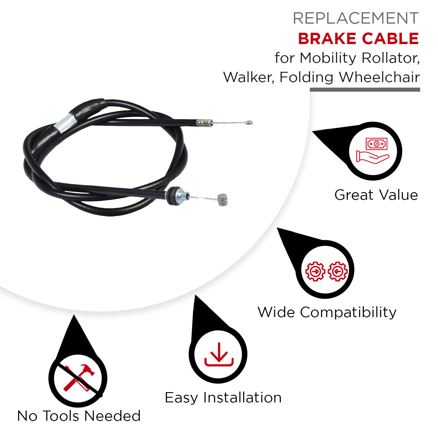 34" Replacement Brake Cable For Medical Rollator, Walker and Folding