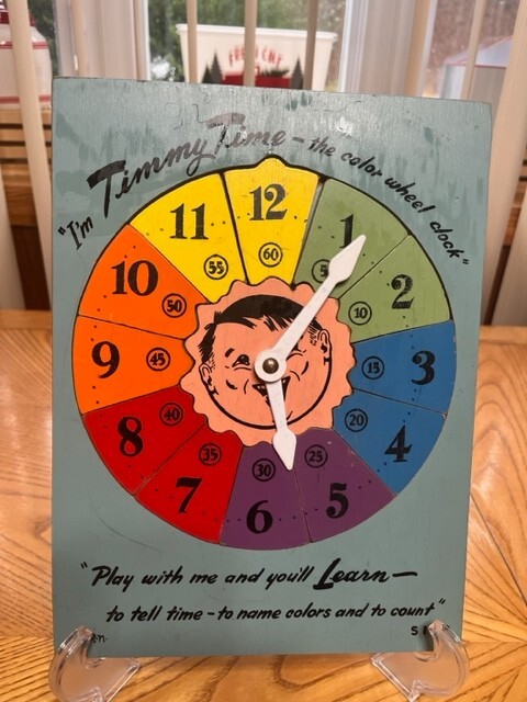 VINTAGE 1960'S WOOD PUZZLE TIMMY TIME CLOCK BRIGHTLY COLORED LEARN