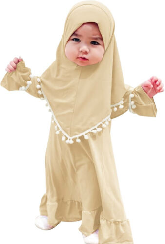 Kids Girls Hijab Prayer Dress 2Pcs Set Abaya Muslim Khimar Robe Islamic Gown New - Picture 4 of 54