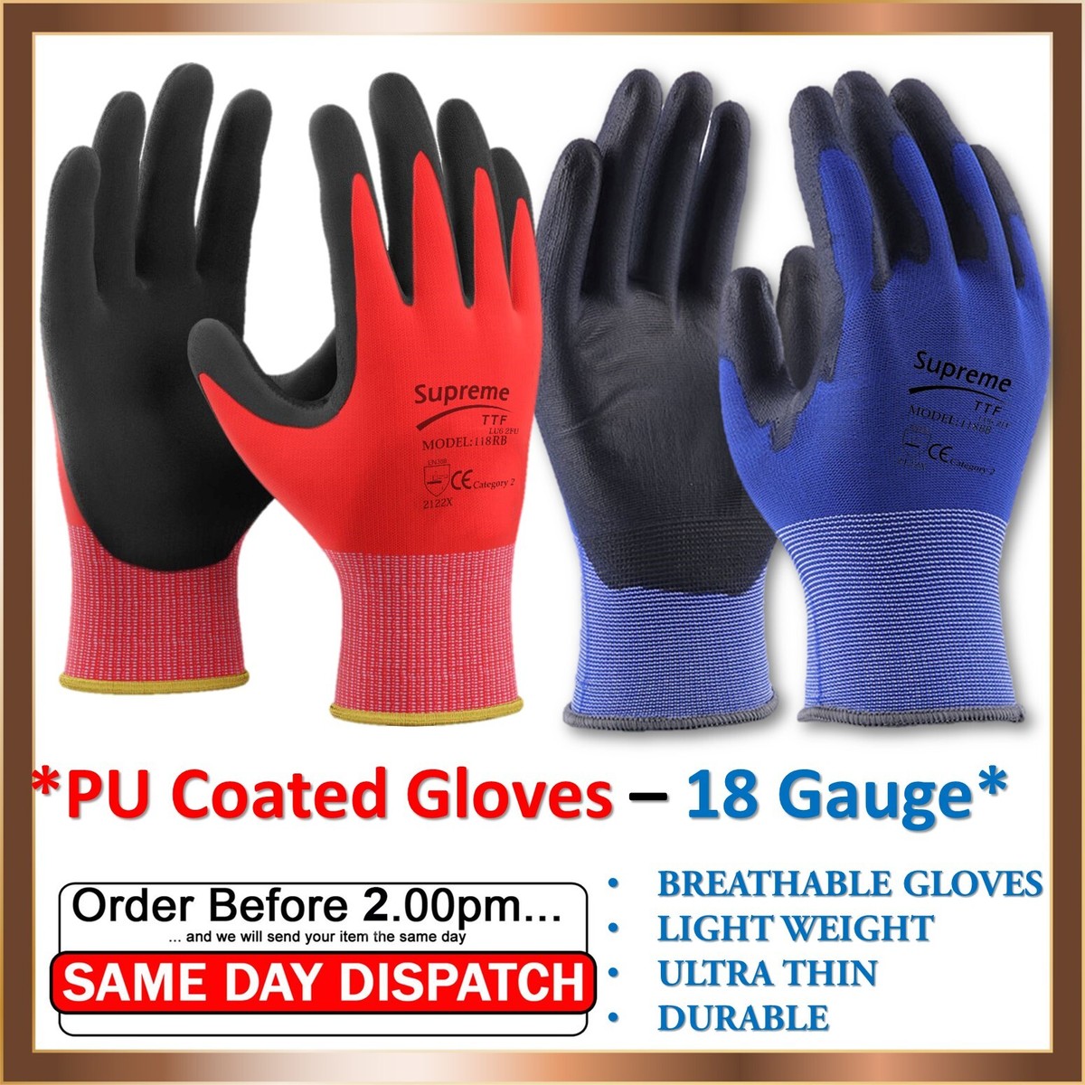 24 PAIRS PU COATED SAFETY WORK GLOVES BREATHABLE LIGHT WEIGHT 18